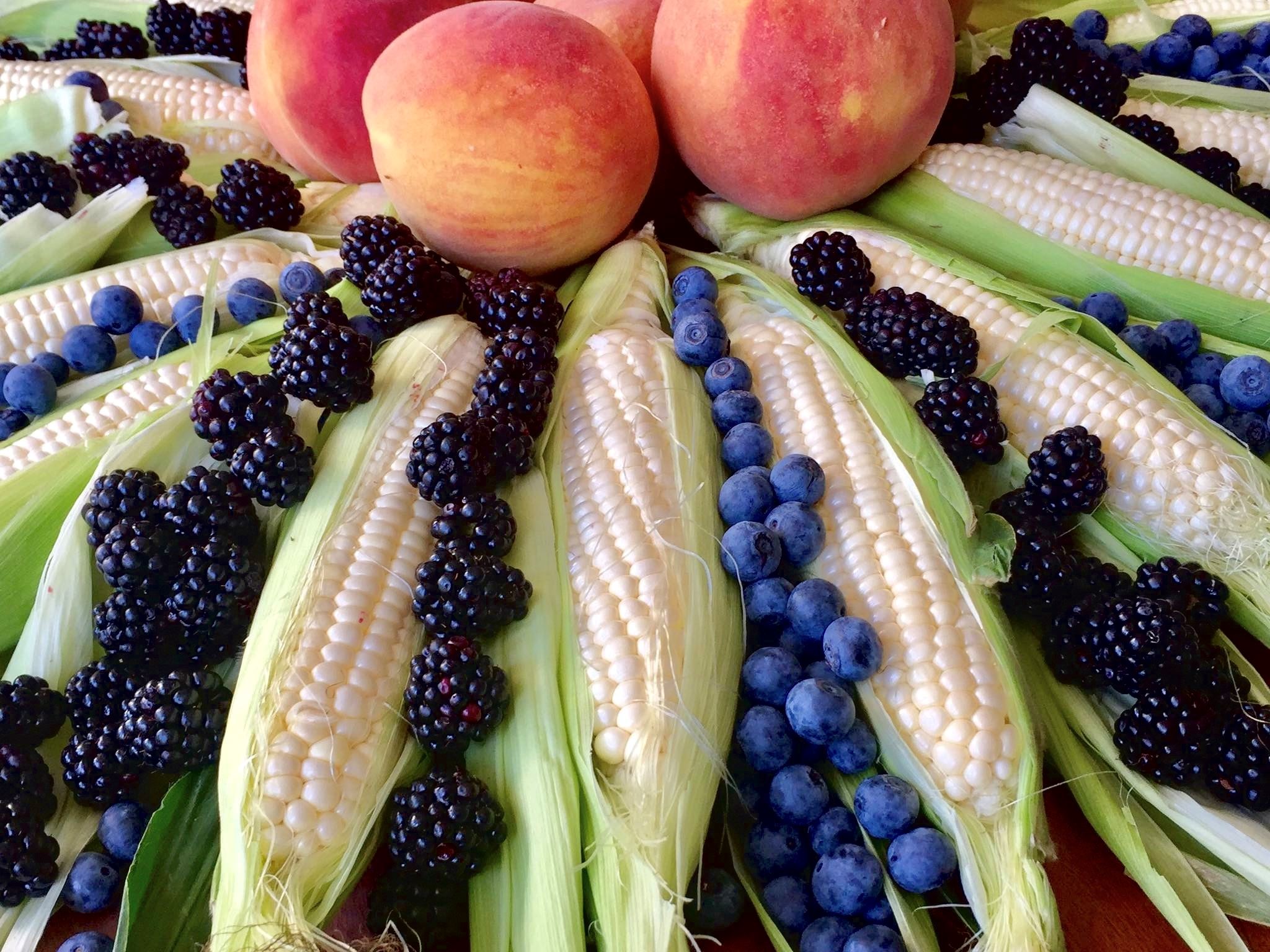 Corn, blueberries and blackberries