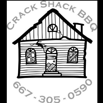 black and white drawing of a shack with words Crack Shack BBQ 667-305-0590